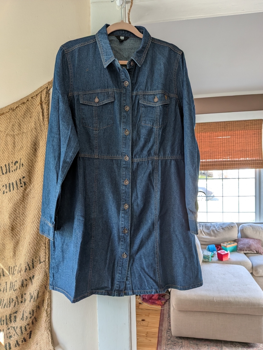 Frye Denim Dress Dark Wash Button Front Cinch Waist Mini XL New